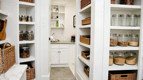 Organized food pantry closet in cozy cottage style home