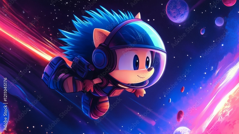 Naklejka premium Adorable hedgehog astronaut soars through vibrant cosmos, a captivating blend of cute and cosmic.