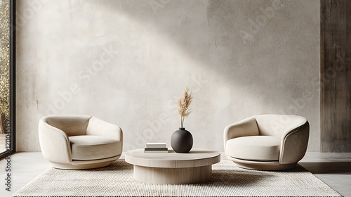 Modern minimalist living room with beige armchairs and coffee table