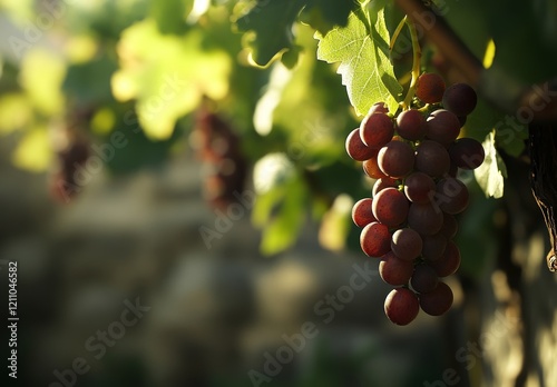 Ripe red grapes hanging on vine in vineyard. photo