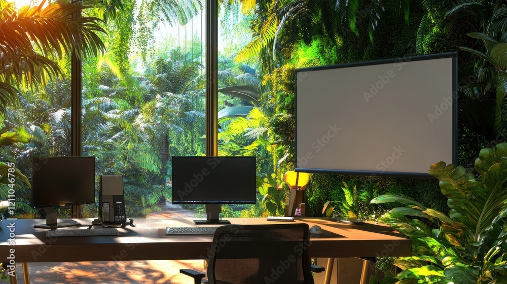 Fototapeta premium Tranquil Tropical Office Workspace: Modern Desk with Stunning Jungle Views