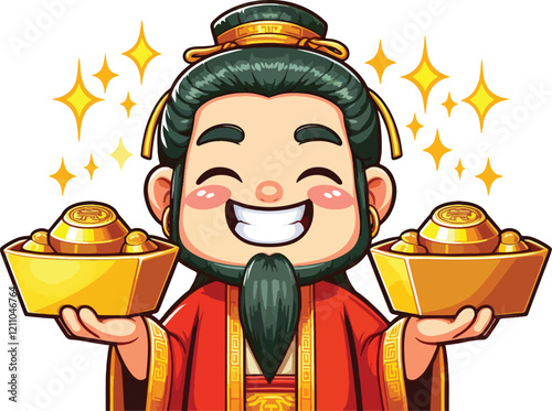 Illustration of The God of Wealth (Cai Shen) smiling and holding gold ingots