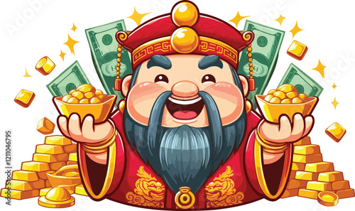 Illustration of The God of Wealth (Cai Shen) smiling and holding gold ingots