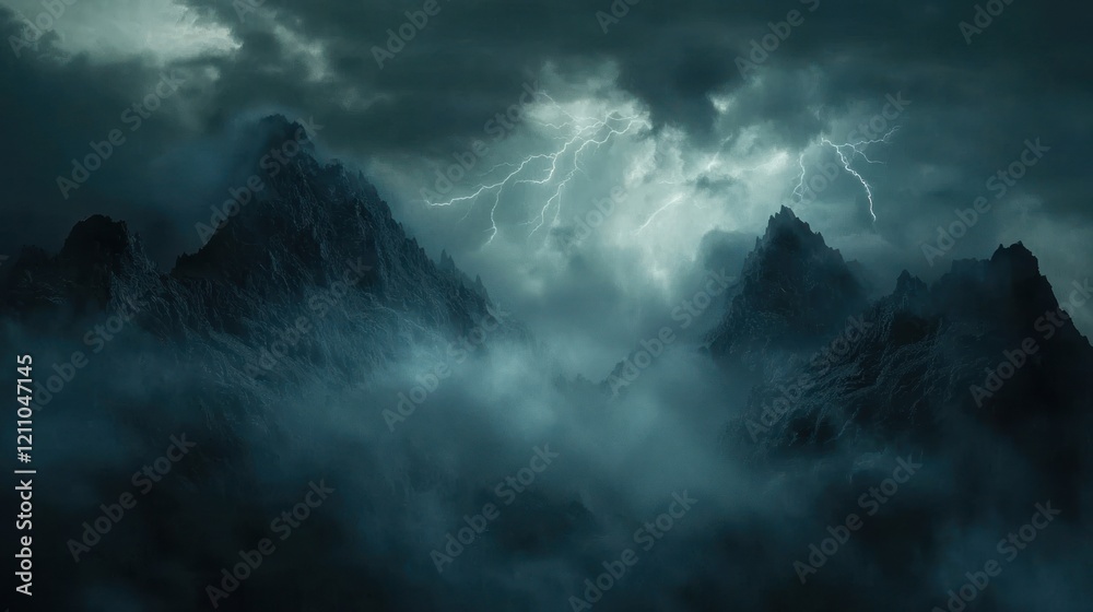 Obraz premium Dramatic lightning storm over misty mountains.
