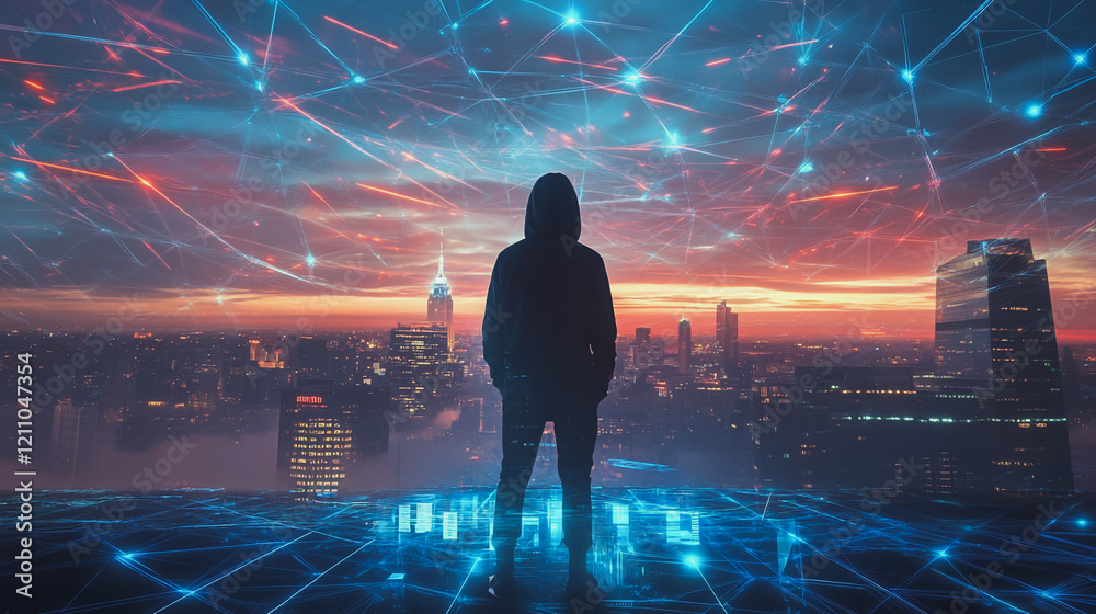 Obraz premium Hacker are planning to hack and attack networks and cyber security systems.Smart digital city with connection Innovation network reciprocity over the cityscape