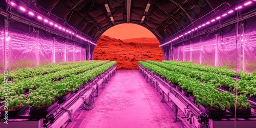 Futuristic Mars Greenhouse with LED Grow Lights Cultivating Sustainable Agriculture in Space - Explore Sci-Fi Inspired Hydroponics and Martian Farming Techniques photo