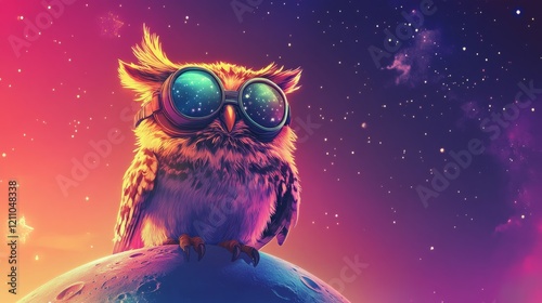 Wise owl, cosmic goggles, starry night. Surreal art.