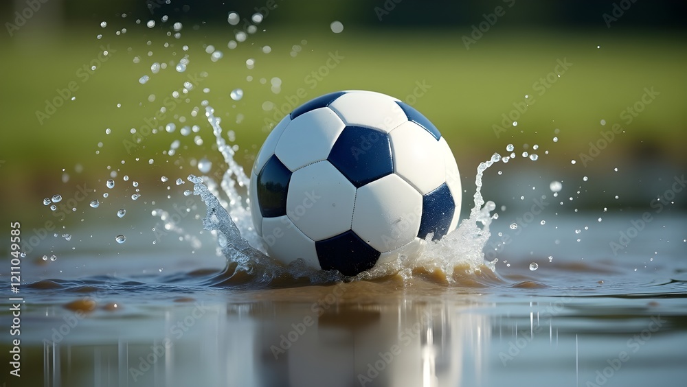 Naklejka premium A soccer ball splashing through a puddle with dynamic water trails