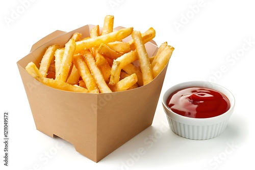 Paper box with tasty french fries and ketchup on white background photo