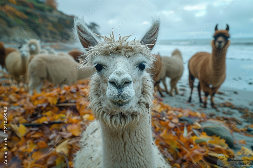 Obraz premium A fluffy white alpaca stands out amidst a herd on an autumnal beach, surrounded by fallen leaves.