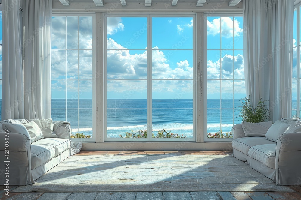 Fototapeta premium Ocean view living room with white sofas and large windows, bathed in sunlight.