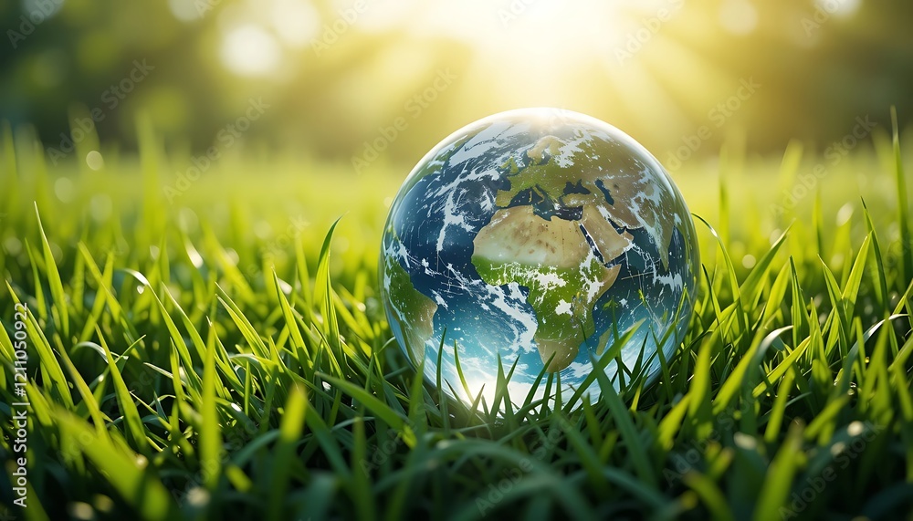 A crystal globe depicting Earth nestled in vibrant green grass, bathed in warm sunlight, symbolizing environmental conservation and sustainability. A crystal globe depicting Earth nestled in vibrant green grass, bathed in warm sunlight, symbolizing environmental conservation and sustainability.