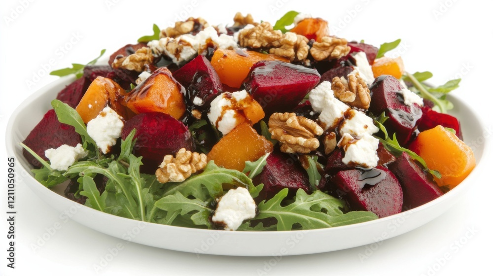 A plate of colorful roasted beet salad with arugula, goat cheese, candied walnuts A plate of colorful roasted beet salad with arugula, goat cheese, candied walnuts