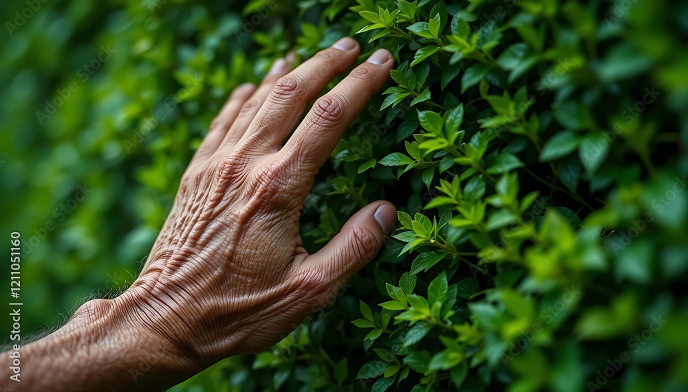 Close-up of an elderly person's wrinkled hand gently touching lush green leaves, showing the beauty of nature and the passage of time. Close-up of an elderly person's wrinkled hand gently touching lush green leaves, showing the beauty of nature and the passage of time.