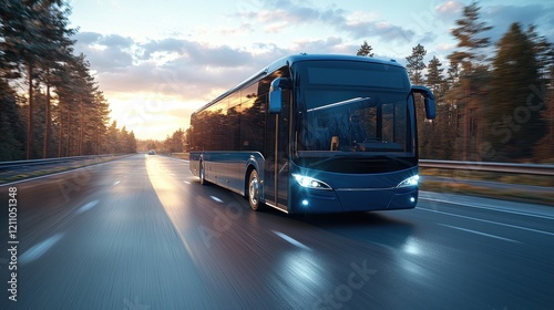 Modern bus traveling down a highway during sunset surrounded by trees