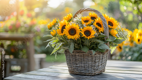 rustic wicker basket filled with vibrant sunflowers and greenery sits on wooden table in sunny garden, creating cheerful and natural ambiance