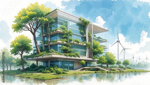 Eco-friendly Modern Green Office Building near a Calm Lake with Wind Turbines in the Background