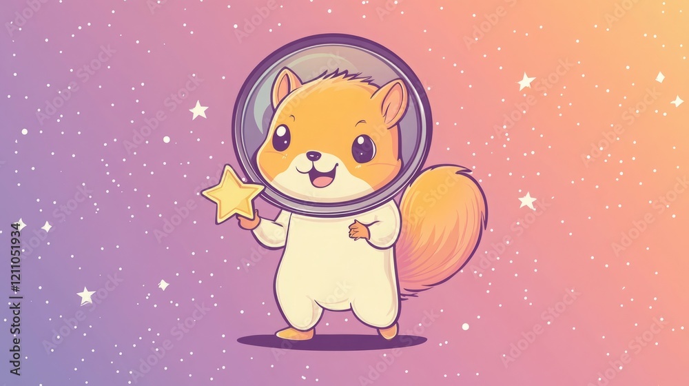 Adorable squirrel astronaut explores the cosmos, holding a star. Pastel colors and starry background. Adorable squirrel astronaut explores the cosmos, holding a star. Pastel colors and starry background.