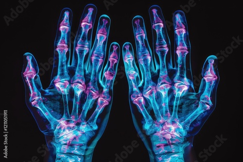 X-ray of hands revealing severe inflammation and damage in multiple joints, indicative of a serious arthritic condition.