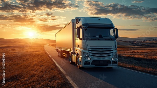 Transport truck drives along an open road at sunset against a backdrop of rolling hills