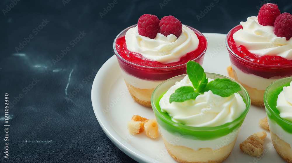 Individual multi-layered desserts in glasses, garnished with raspberry and mint Individual multi-layered desserts in glasses, garnished with raspberry and mint