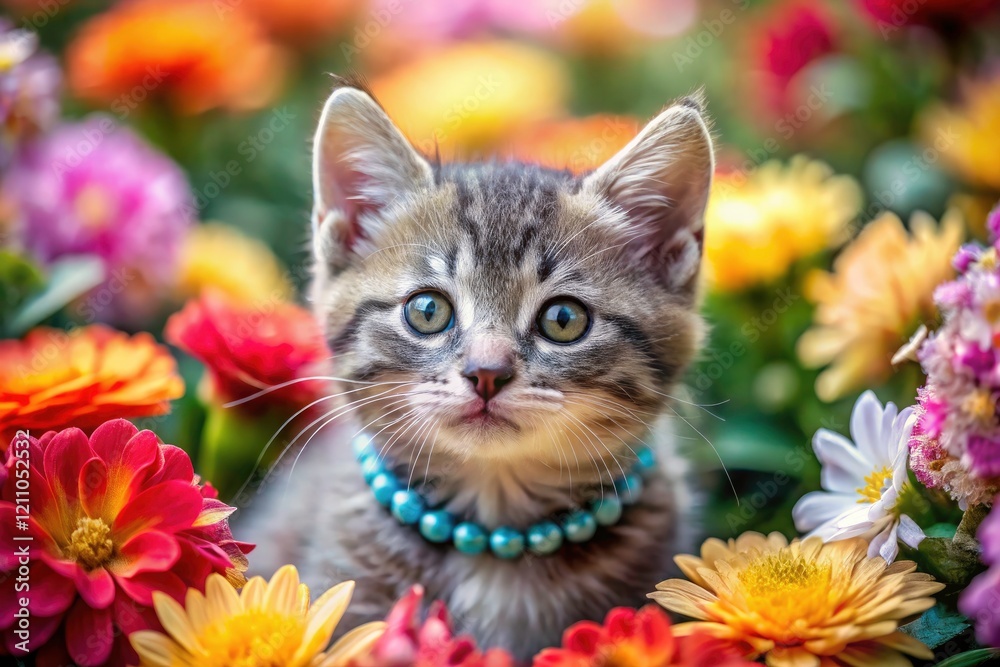 Fototapeta premium Macro Gray Kitten Flowers Collar Photography - Cute Pet Closeup Image