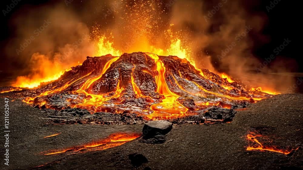 Erupting volcano spewing molten lava and ash under a night sky, creating a dramatic landscape view