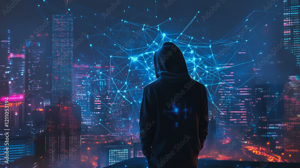 Fototapeta premium Hacker are planning to hack and attack networks and cyber security systems.Smart digital city with connection Innovation network reciprocity over the cityscape