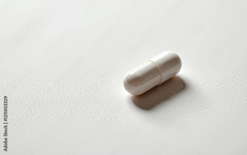 A single capsule pill resting on a clean white surface, casting a subtle shadow. A single capsule pill resting on a clean white surface, casting a subtle shadow.