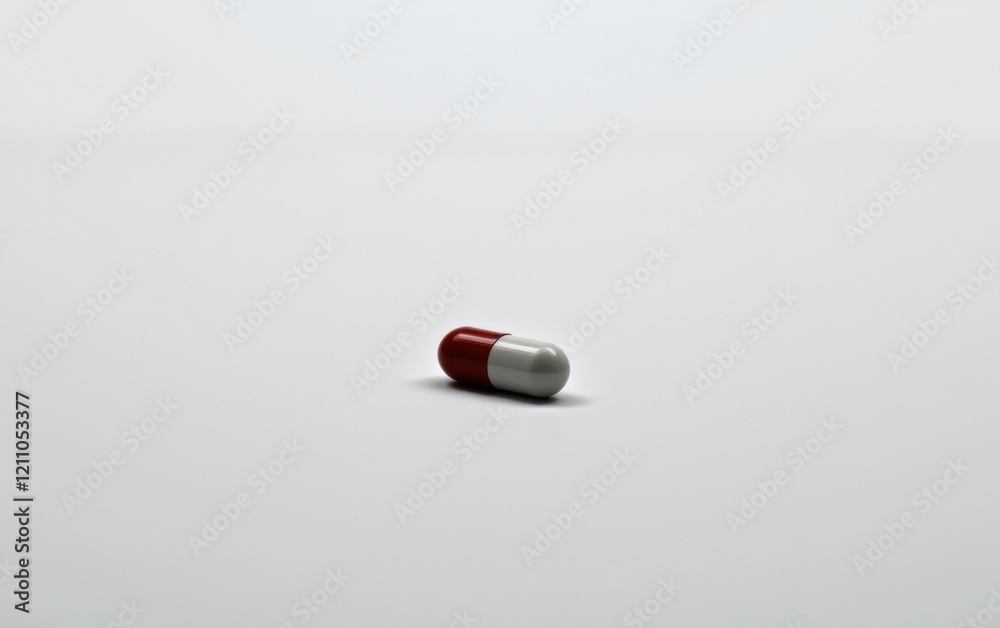 A single capsule pill resting on a clean white surface, casting a subtle shadow. A single capsule pill resting on a clean white surface, casting a subtle shadow.