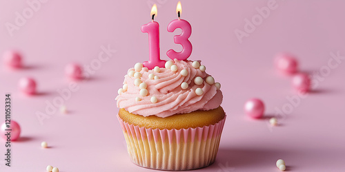 Cupcake to celebrate birthday or anniversary, with candles in the shape of the number 13 in pink photo