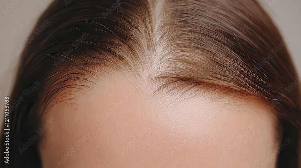 Before and after head shot of a young woman with a receding hairline on her forehead and parting. Baldness. Close-up, front view. Hair care and treatment concept. Hair loss, hair transplant, alopecia Before and after head shot of a young woman with a receding hairline on her forehead and parting. Baldness. Close-up, front view. Hair care and treatment concept. Hair loss, hair transplant, alopecia