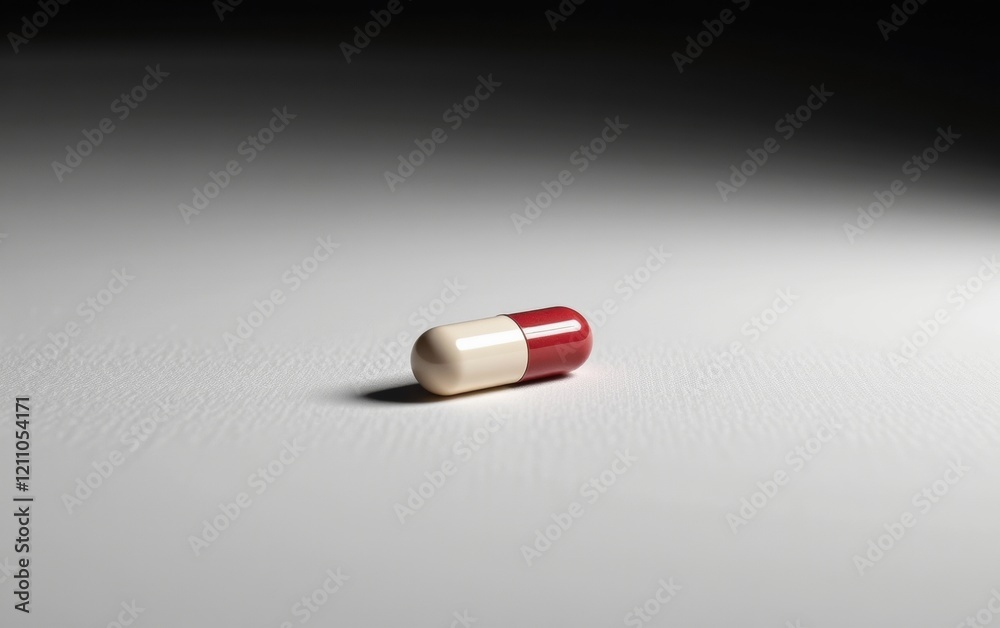 A single capsule pill resting on a clean white surface, casting a subtle shadow. A single capsule pill resting on a clean white surface, casting a subtle shadow.