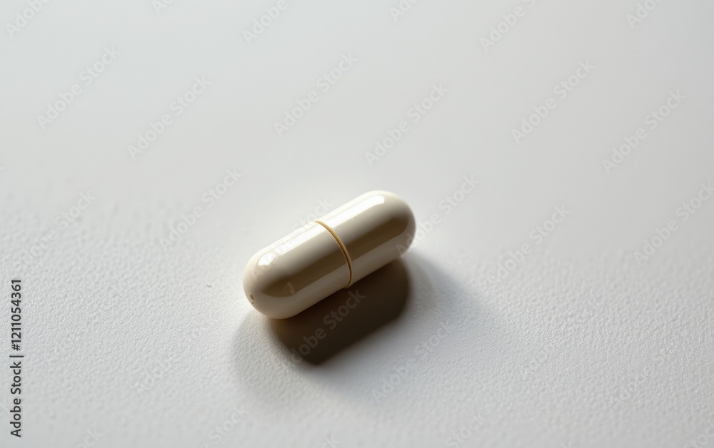 A single capsule pill resting on a clean white surface, casting a subtle shadow. A single capsule pill resting on a clean white surface, casting a subtle shadow.