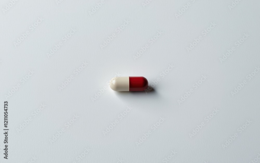 A single capsule pill resting on a clean white surface, casting a subtle shadow. A single capsule pill resting on a clean white surface, casting a subtle shadow.