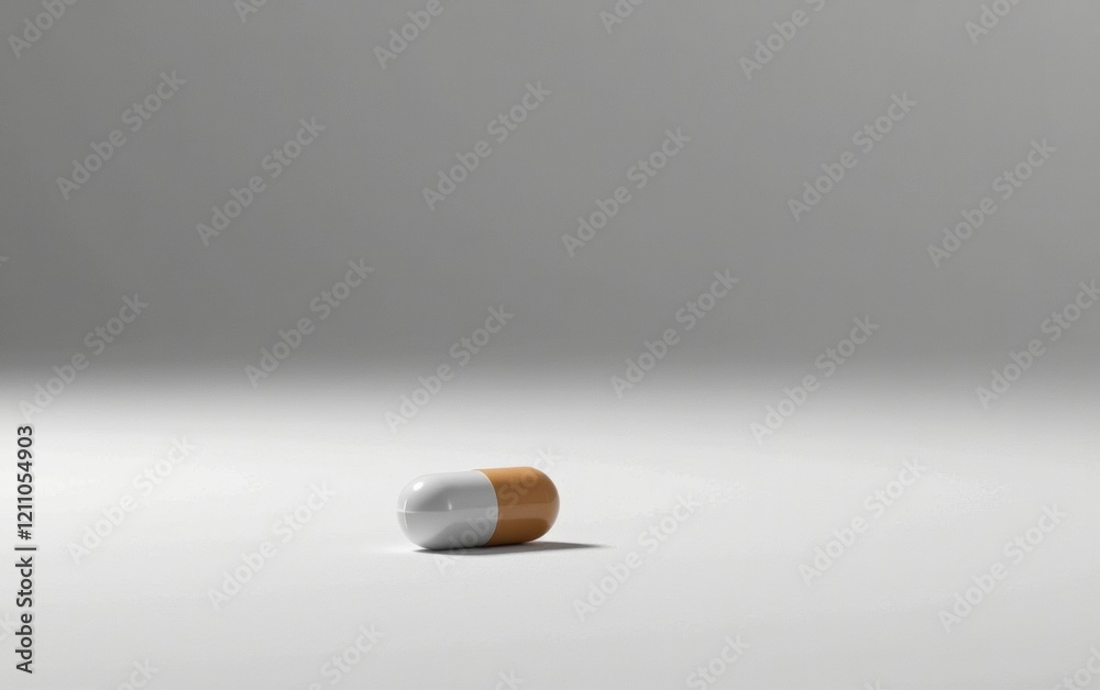 A single capsule pill resting on a clean white surface, casting a subtle shadow. A single capsule pill resting on a clean white surface, casting a subtle shadow.