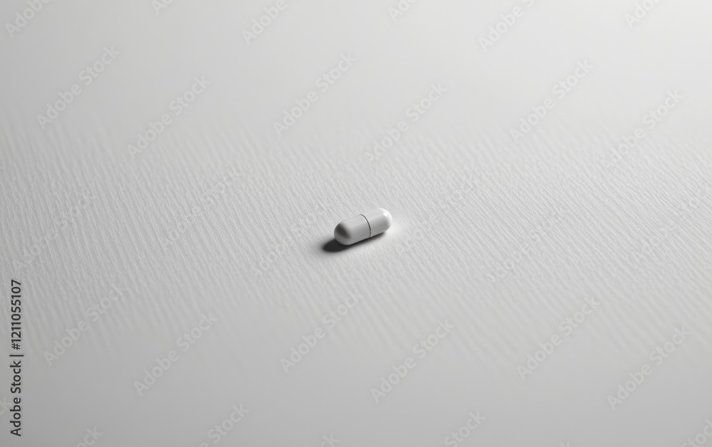 A single capsule pill resting on a clean white surface, casting a subtle shadow. A single capsule pill resting on a clean white surface, casting a subtle shadow.