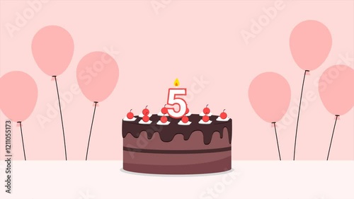 A delightful chocolate birthday cake with a number 5 candle on top, surrounded by pink balloons. Perfect for a fifth birthday celebration or party design.