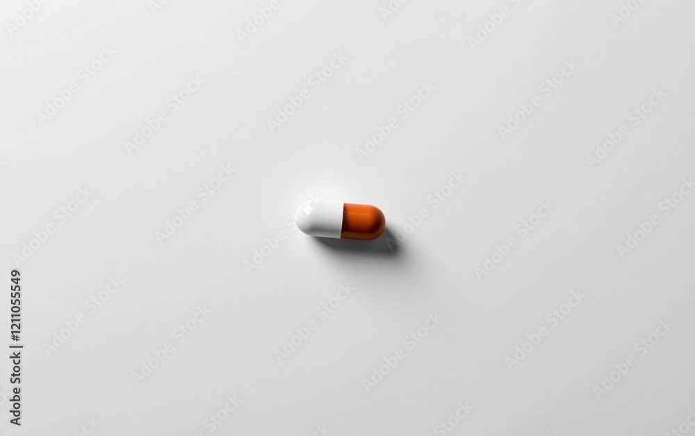 A single capsule pill resting on a clean white surface, casting a subtle shadow. A single capsule pill resting on a clean white surface, casting a subtle shadow.