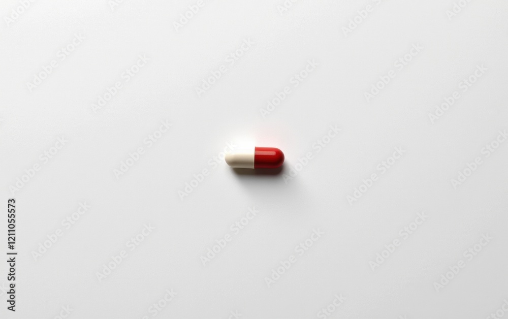 A single capsule pill resting on a clean white surface, casting a subtle shadow. A single capsule pill resting on a clean white surface, casting a subtle shadow.
