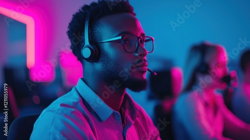 A focused customer service representative wearing a headset in a vibrant office environment.