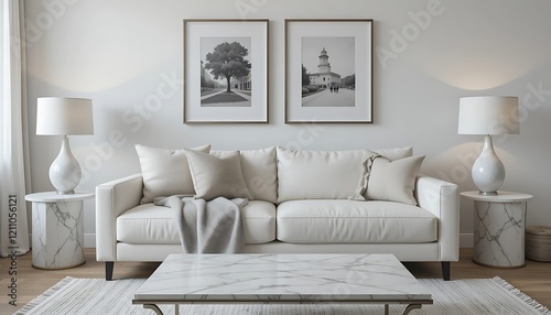Modern minimalist living room interior design with white leather sofa, marble coffee table and side tables, and black and white artwork