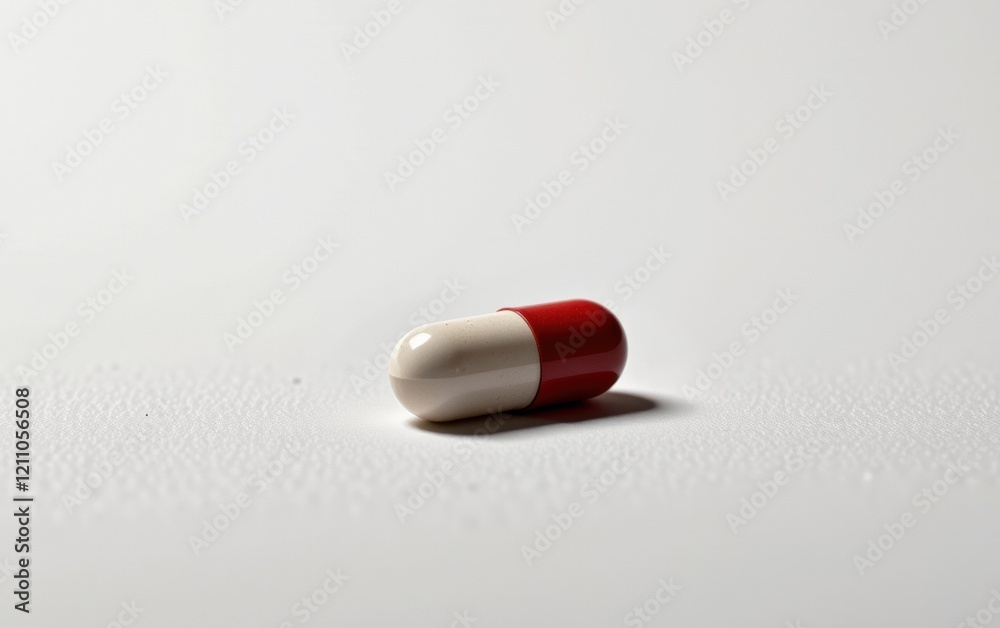 A single capsule pill resting on a clean white surface, casting a subtle shadow. A single capsule pill resting on a clean white surface, casting a subtle shadow.