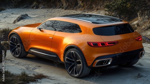 Stylish orange SUV parked on a sandy beach under warm sunlight