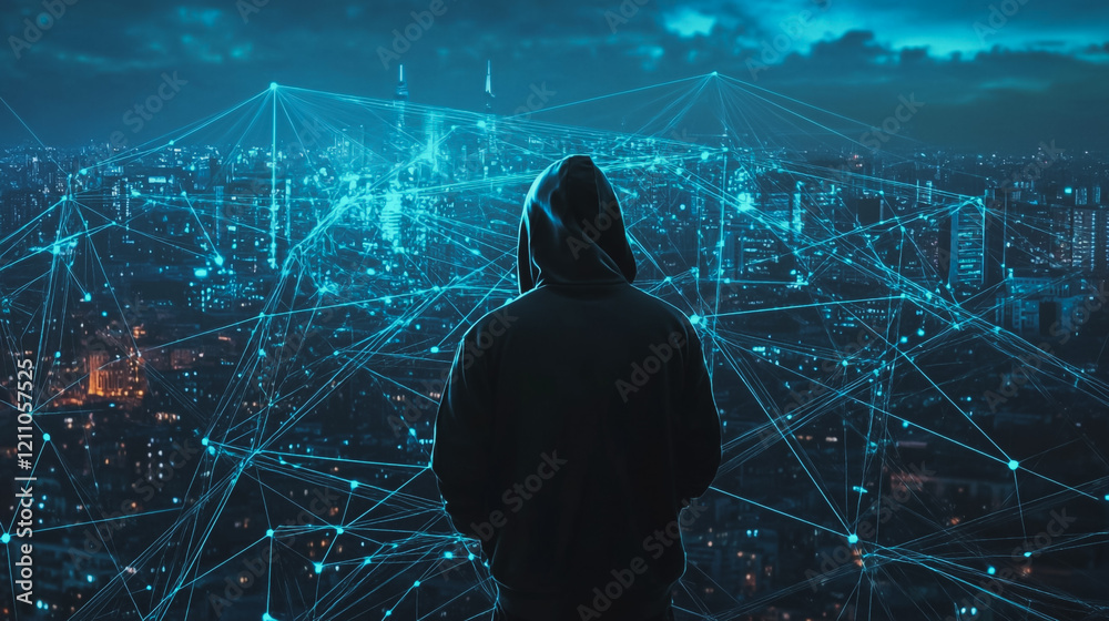 Obraz premium Hacker are planning to hack and attack networks and cyber security systems.Smart digital city with connection Innovation network reciprocity over the cityscape