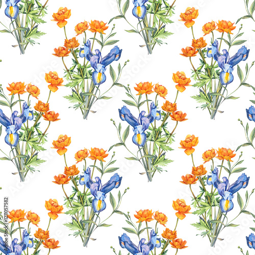 Seamless pattern with watercolor bouquet with iris and frying flowers Trollius on white background. Yellow orange blue summer wildflower. Herbs for aromatherapy. Botanical wallpaper or wrapping photo