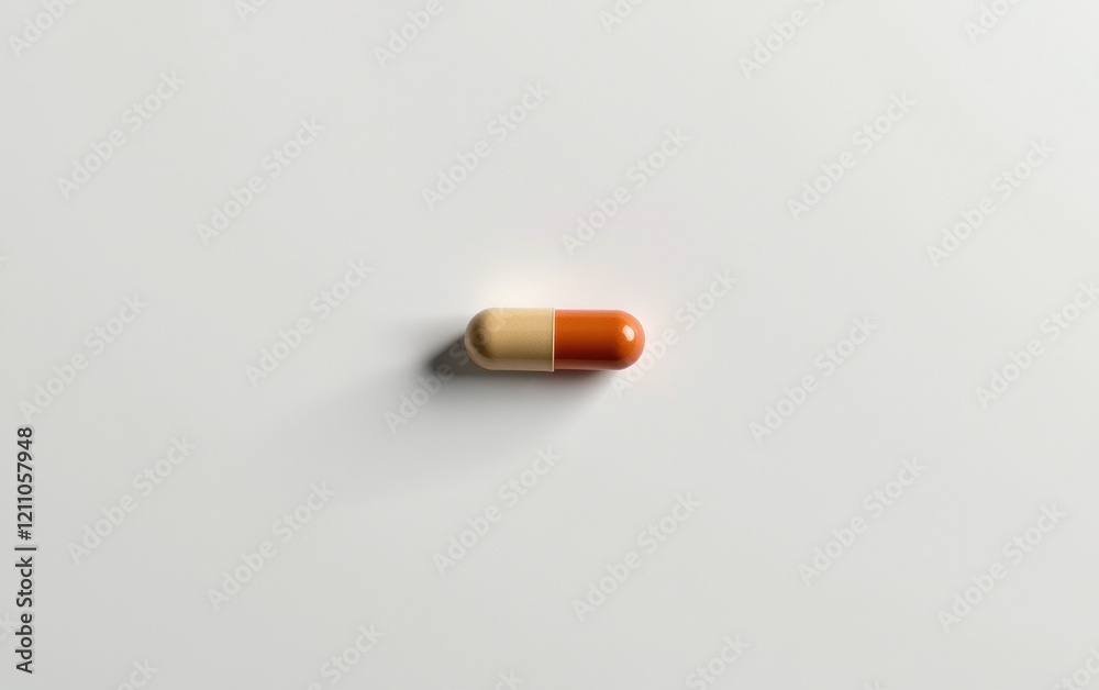 A single capsule pill resting on a clean white surface, casting a subtle shadow. A single capsule pill resting on a clean white surface, casting a subtle shadow.