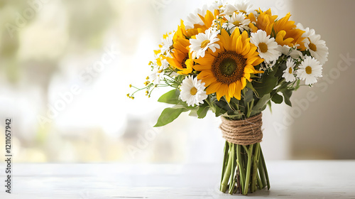 Wallpaper Mural minimalist bouquet of sunflowers and white daisies tied with rustic twine, placed on white wooden table with soft blurred background, exuding cheerful and natural vibe Torontodigital.ca