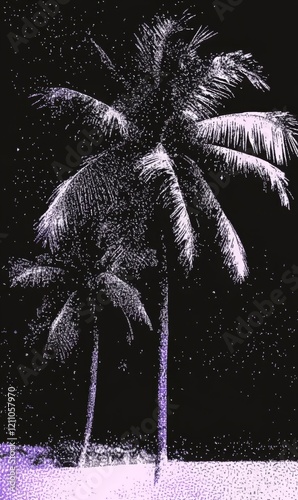 Silhouetted palm trees against the night sky with faint stars and a light shore photo