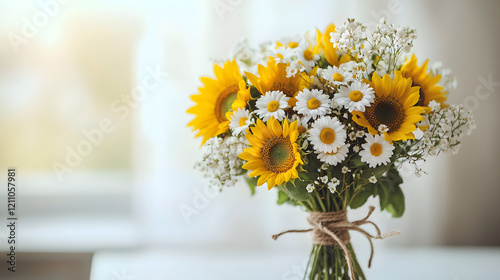 minimalist bouquet of sunflowers and white daisies tied with twine in glass vase, placed on bright surface with soft natural light creating serene atmosphere